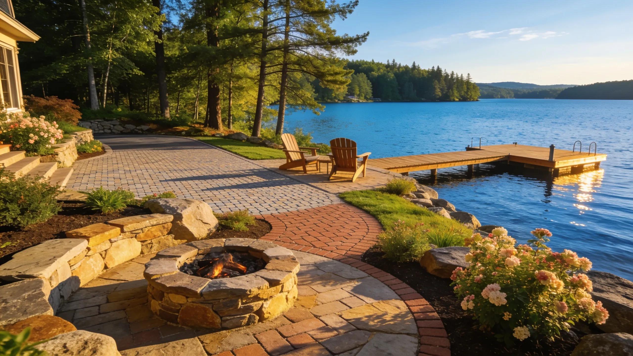 Beautifully landscaped lakefront property in New Hampshire with hardscaping materials