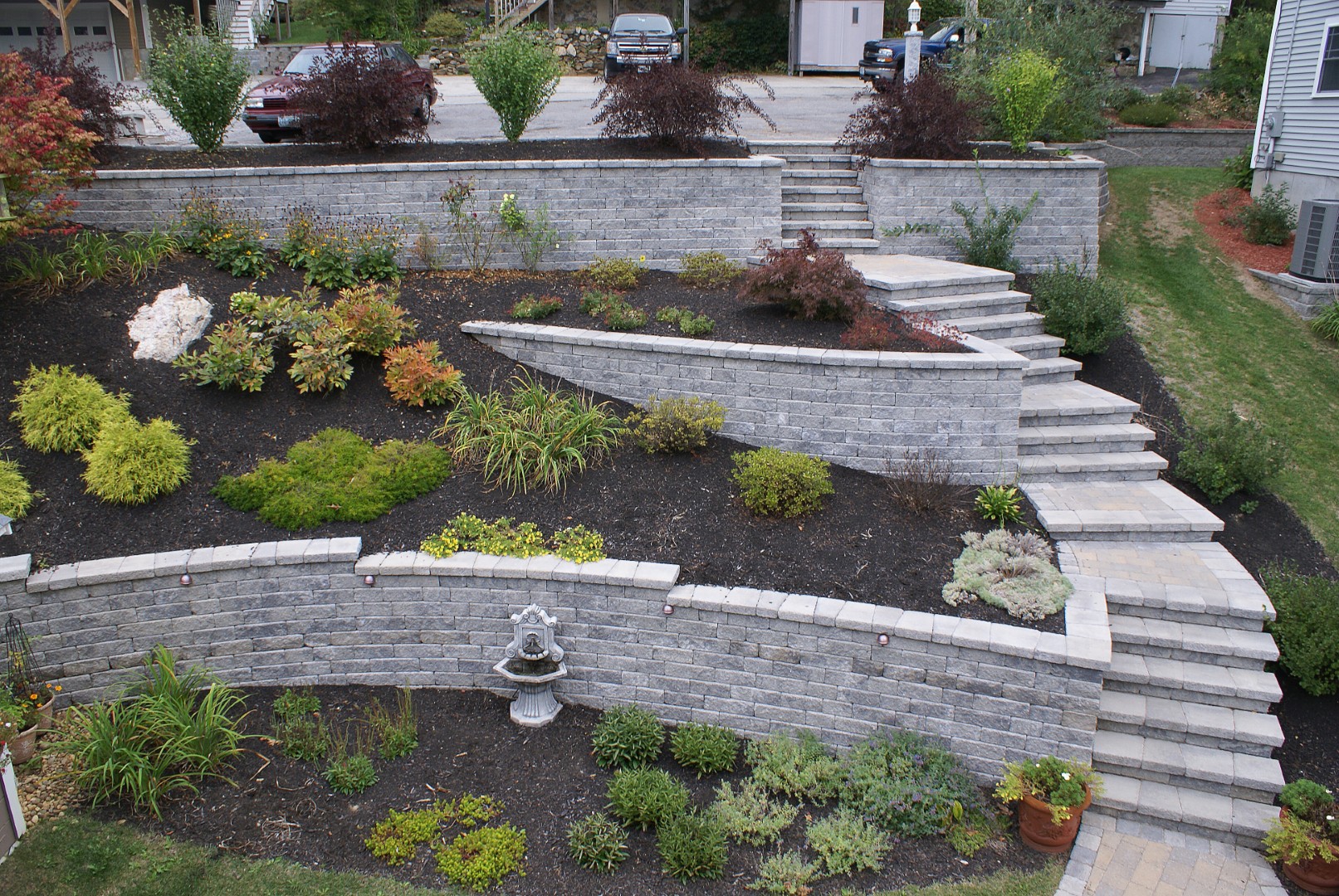 terraced block retaining wall with stairs